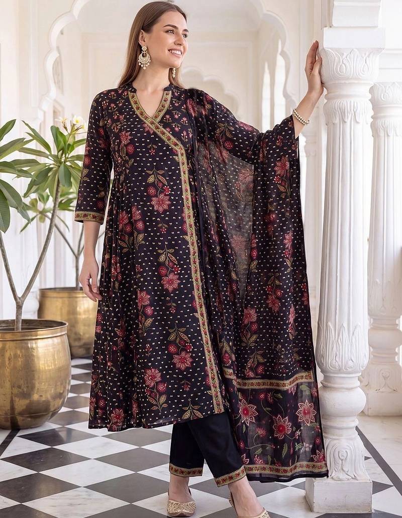 women floral printed angrakha cotton kurta with trousers & with dupatta