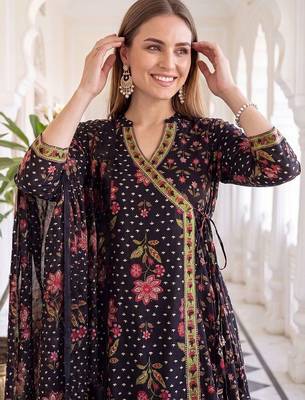 women floral printed angrakha cotton kurta with trousers & with dupatta 2