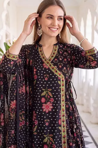 women floral printed angrakha cotton kurta with trousers & with dupatta