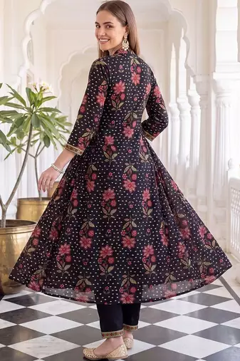 women floral printed angrakha cotton kurta with trousers & with dupatta