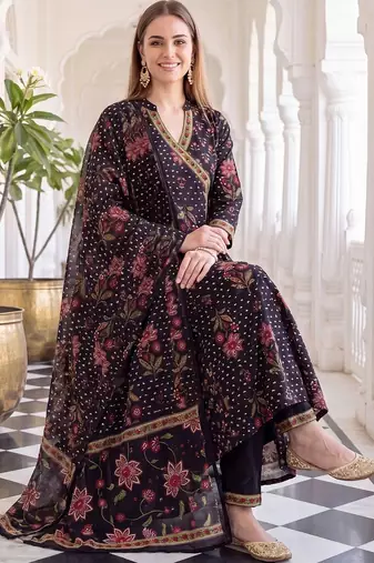 women floral printed angrakha cotton kurta with trousers & with dupatta