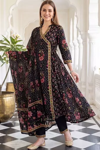 women floral printed angrakha cotton kurta with trousers & with dupatta