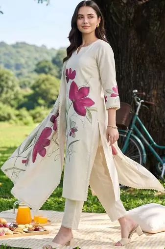 women floral printed regular kurta with trousers & with dupatta