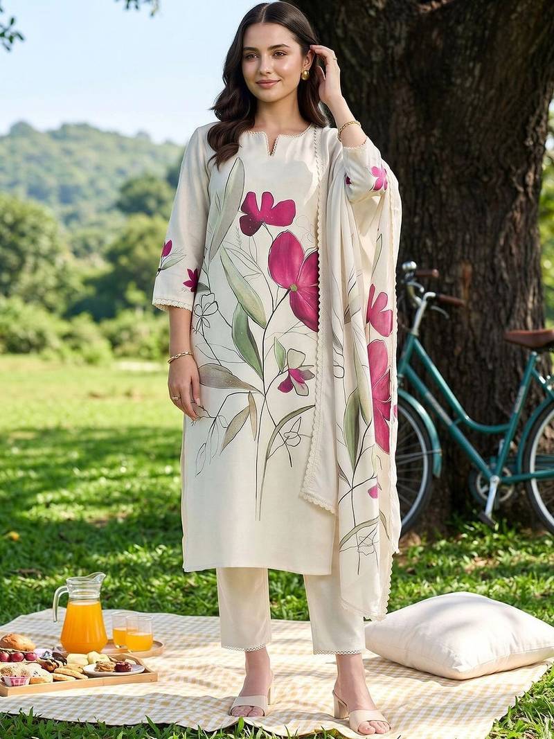 women floral printed regular kurta with trousers & with dupatta