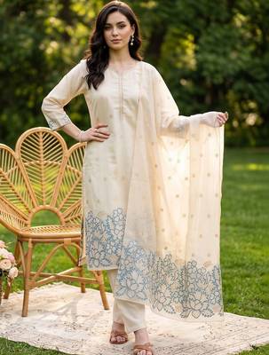 women ethnic motifs embroidered regular thread work kurta with trousers & with dupatta 1