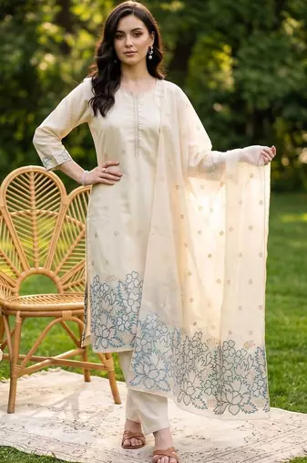 women ethnic motifs embroidered regular thread work kurta with trousers & with dupatta