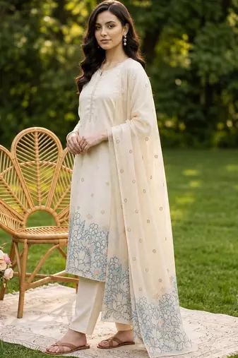 women ethnic motifs embroidered regular thread work kurta with trousers & with dupatta
