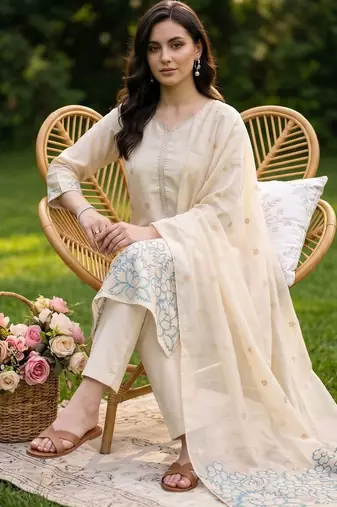 women ethnic motifs embroidered regular thread work kurta with trousers & with dupatta