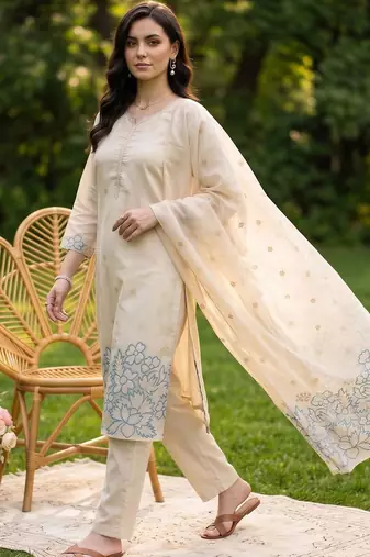 women ethnic motifs embroidered regular thread work kurta with trousers & with dupatta