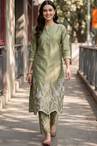 women floral embroidered regular thread work kurta with trousers