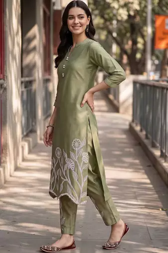 women floral embroidered regular thread work kurta with trousers
