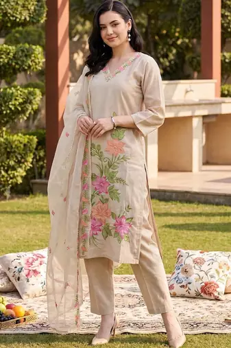 women floral embroidered regular thread work kurta with trousers & with dupatta