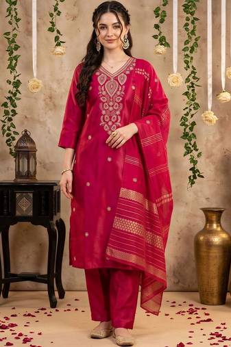 women ethnic motifs embroidered regular thread work kurta with trousers & with dupatta