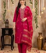 women ethnic motifs embroidered regular thread work kurta with trousers & with dupatta