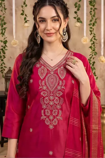 women ethnic motifs embroidered regular thread work kurta with trousers & with dupatta