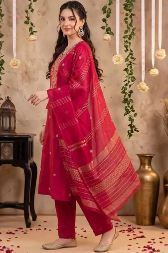 women ethnic motifs embroidered regular thread work kurta with trousers & with dupatta