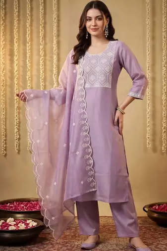 women ethnic motifs embroidered regular thread work kurta with trousers & with dupatta
