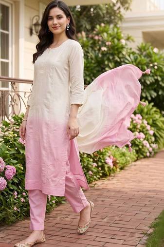 women ombre embroidered regular thread work cotton kurta with trousers & with dupatta