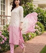 women ombre embroidered regular thread work cotton kurta with trousers & with dupatta