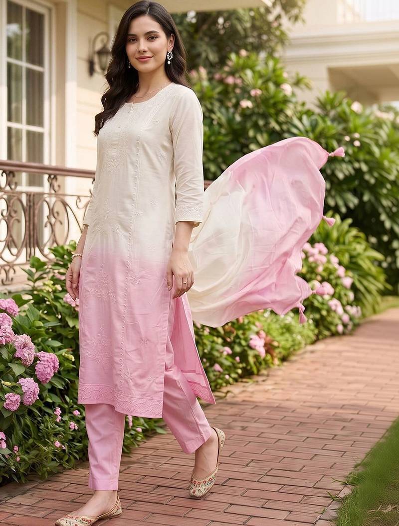 women ombre embroidered regular thread work cotton kurta with trousers & with dupatta