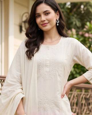women ombre embroidered regular thread work cotton kurta with trousers & with dupatta 2