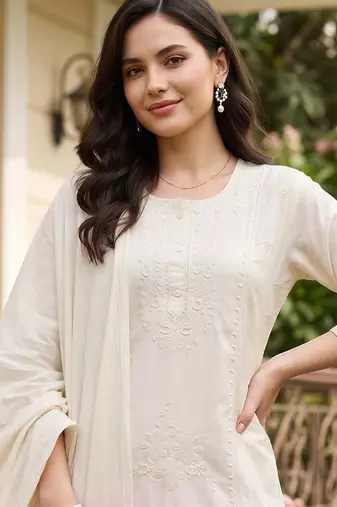 women ombre embroidered regular thread work cotton kurta with trousers & with dupatta