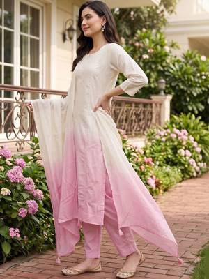 women ombre embroidered regular thread work cotton kurta with trousers & with dupatta 3