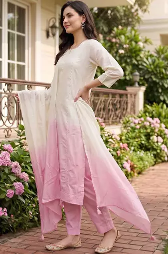 women ombre embroidered regular thread work cotton kurta with trousers & with dupatta
