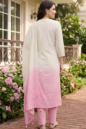 women ombre embroidered regular thread work cotton kurta with trousers & with dupatta