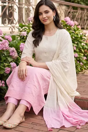 women ombre embroidered regular thread work cotton kurta with trousers & with dupatta