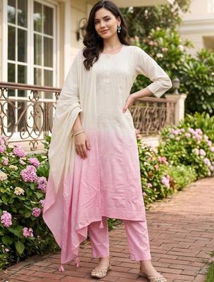 women ombre embroidered regular thread work cotton kurta with trousers & with dupatta 6
