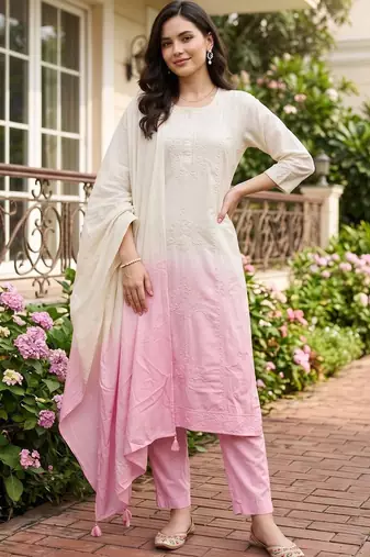 women ombre embroidered regular thread work cotton kurta with trousers & with dupatta