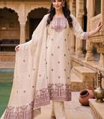 women ethnic motifs embroidered regular thread work chanderi silk kurta with trousers & with dupatta