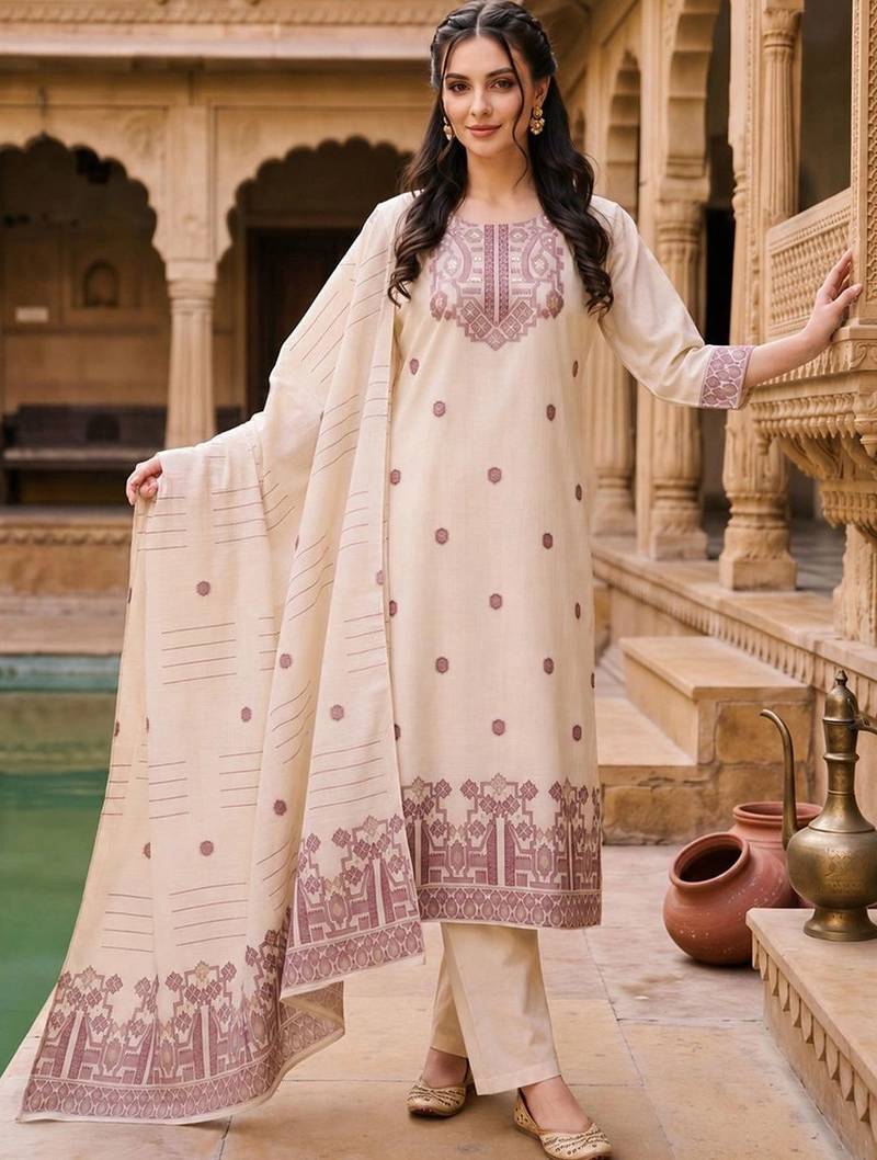 women ethnic motifs embroidered regular thread work chanderi silk kurta with trousers & with dupatta