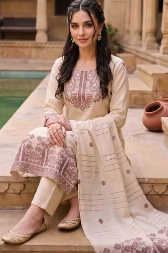 women ethnic motifs embroidered regular thread work chanderi silk kurta with trousers & with dupatta