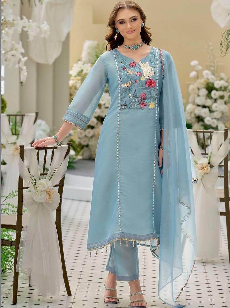 women ethnic motifs embroidered regular thread work kurta with trousers & with dupatta