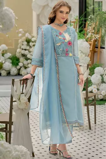 women ethnic motifs embroidered regular thread work kurta with trousers & with dupatta