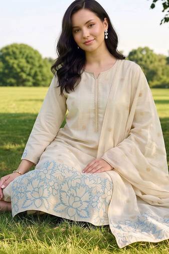 women ethnic motifs embroidered regular thread work kurta with trousers & with dupatta