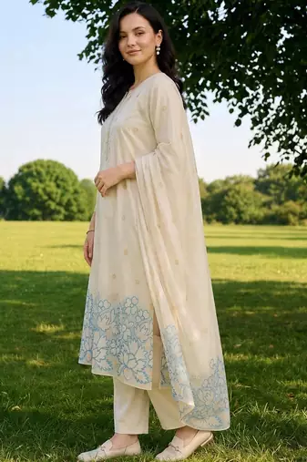 women ethnic motifs embroidered regular thread work kurta with trousers & with dupatta