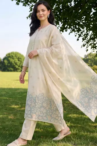women ethnic motifs embroidered regular thread work kurta with trousers & with dupatta