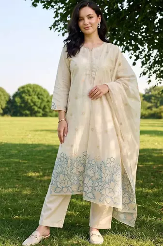women ethnic motifs embroidered regular thread work kurta with trousers & with dupatta
