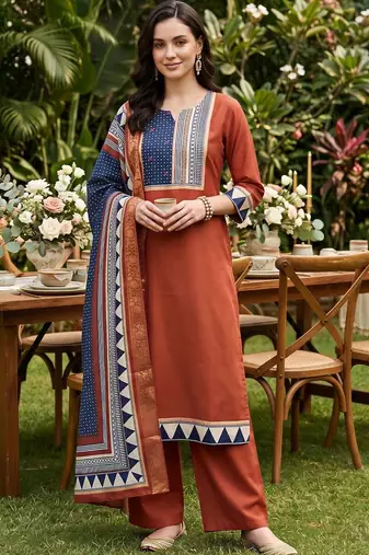 women printed regular liva kurta with palazzos & with dupatta