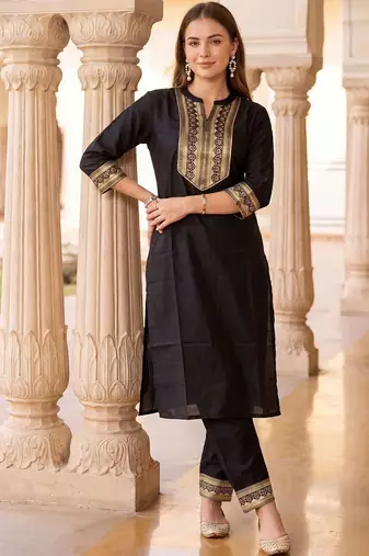 women ethnic motifs embroidered regular thread work kurta with trousers