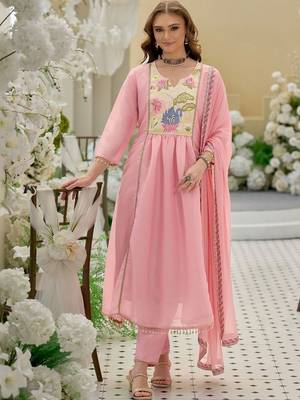 women ethnic motifs embroidered empire thread work kurta with trousers & with dupatta 1