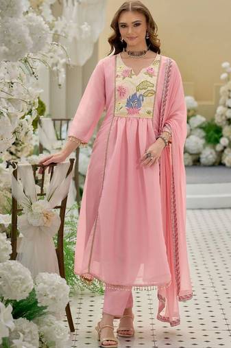 women ethnic motifs embroidered empire thread work kurta with trousers & with dupatta