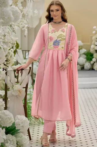 women ethnic motifs embroidered empire thread work kurta with trousers & with dupatta