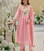 women ethnic motifs embroidered empire thread work kurta with trousers & with dupatta