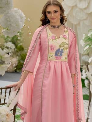 women ethnic motifs embroidered empire thread work kurta with trousers & with dupatta 5