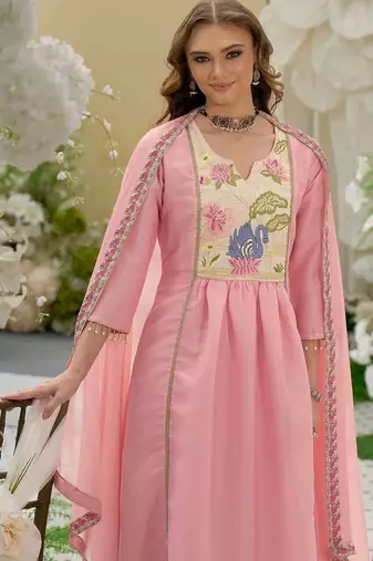 women ethnic motifs embroidered empire thread work kurta with trousers & with dupatta