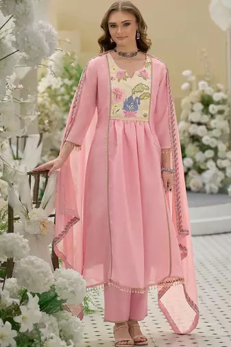 women ethnic motifs embroidered empire thread work kurta with trousers & with dupatta